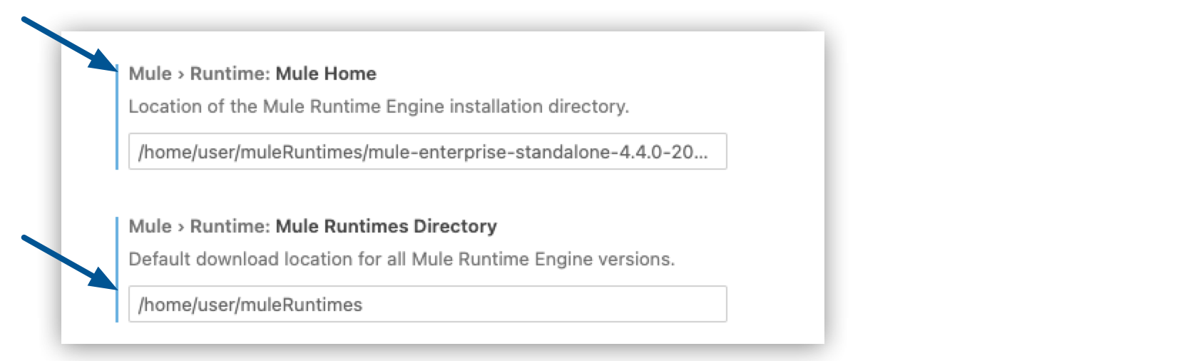 Mule Runtime Engine とそのバージョンのデフォルトのディレクトリの場所
