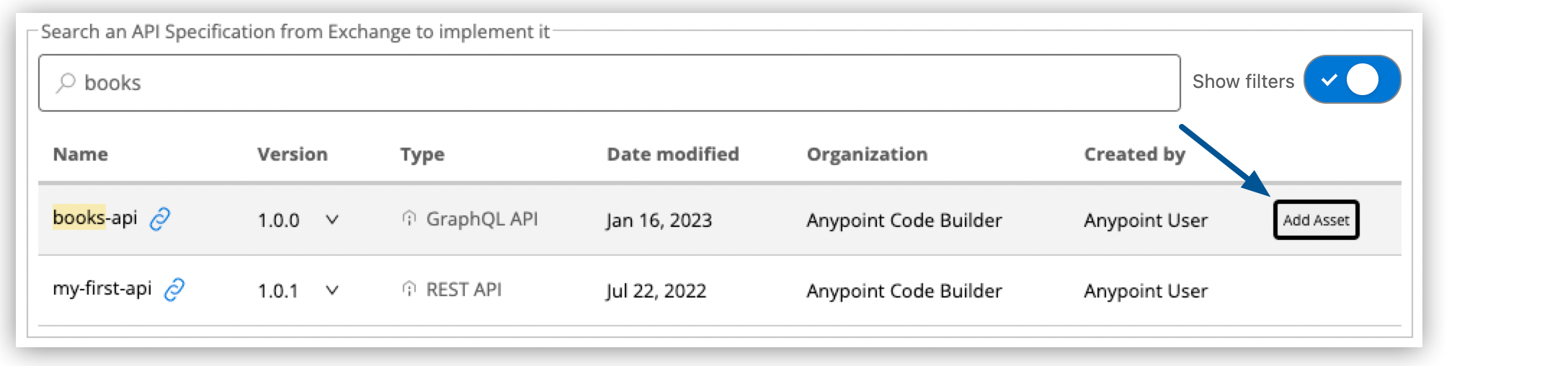 [Add Asset (アセットを追加)] ボタンが強調表示されている、使用可能な API 仕様のテーブル