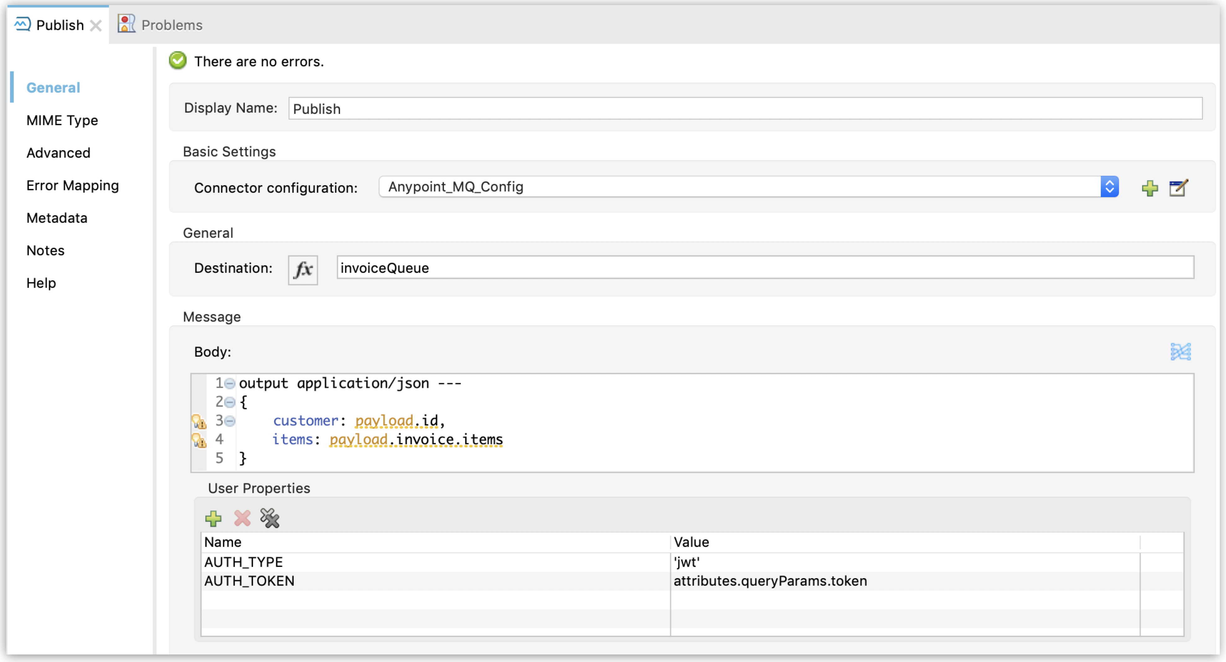 DataWeave 変換が表示されているコネクタ設定