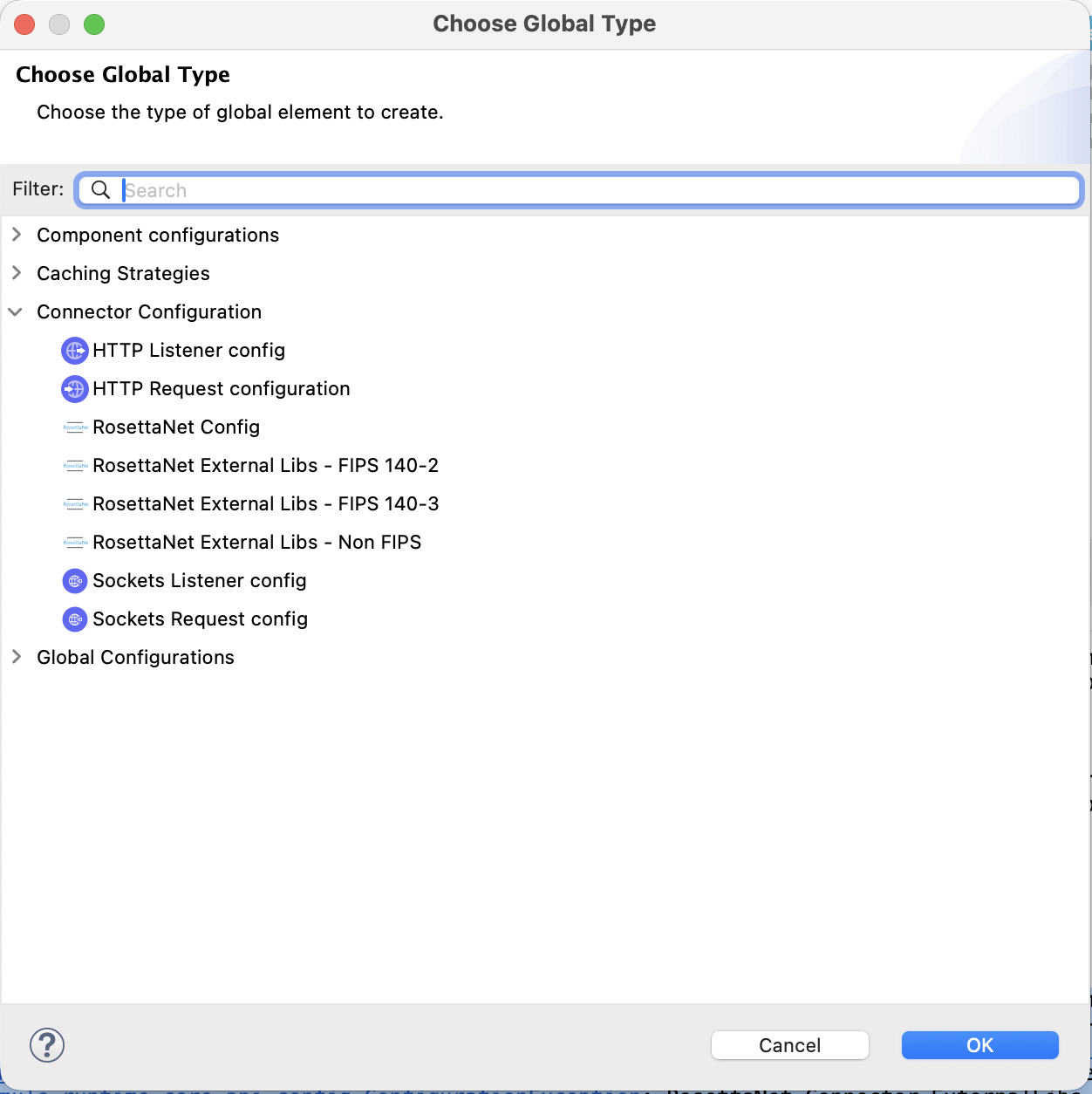 Connector configurations that are used for creating Global Elements